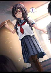 Rule 34 | 1boy, 1girl, absurdres, black hair, blue sailor collar, blue skirt, blush, breasts, brown pantyhose, glasses, highres, large breasts, long hair, low twintails, neckerchief, open mouth, original, pantyhose, pleated skirt, purple eyes, red neckerchief, sailor collar, school uniform, serafuku, shirt, short sleeves, skirt, solo focus, stairs, twintails, white shirt, yufou