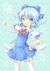 Rule 34 | 1girl, blue background, blue dress, blue eyes, blue hair, blue skirt, bow, cirno, dress, hair bow, hand on own hip, ice, ice wings, looking at viewer, matching hair/eyes, mimi (mimi puru), open mouth, outstretched arm, puffy sleeves, shirt, short sleeves, skirt, smile, solo, star (symbol), thighhighs, touhou, v, white thighhighs, wings, wrist cuffs, zettai ryouiki