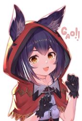 Rule 34 | 1girl, :d, akanagi youto, animal ears, black gloves, blush, capelet, claw pose, collarbone, commentary request, fang, gloves, hands up, highres, hood, hooded capelet, looking at viewer, open mouth, original, paw print, purple hair, red capelet, red hood, shirt, short hair, simple background, smile, solo, stitches, upper body, white background, white shirt, wolf ears, yellow eyes
