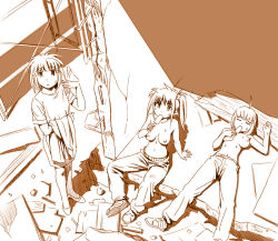 Rule 34 | 3girls, afterimage, ahoge, bare legs, blush, breasts, breasts apart, closed eyes, eating, fanning face, fanning self, food, francine (daijaemon), from above, looking at viewer, looking up, lying, medium breasts, monochrome, multiple girls, nipples, on back, pants, popsicle, ruins, shoes, short hair, sneakers, sweat, topfreedom, topless, twintails