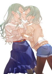Rule 34 | 2girls, absurdres, aqua hair, bang dream!, bead necklace, beads, black pantyhose, blue skirt, bow, braid, chinese commentary, closed eyes, commentary request, cutoff jeans, cutoffs, hair bow, highres, hikawa hina, hikawa sayo, imminent kiss, incest, interlocked fingers, jacket, jewelry, junjun (kimi-la), long hair, medium hair, multiple girls, necklace, open mouth, pantyhose, pleated skirt, shirt, siblings, sisters, skirt, smile, twin braids, twincest, twins, wavy hair, white jacket, white shirt, yuri