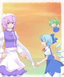 Rule 34 | 3girls, akatsuki (pixiv), bad id, bad pixiv id, blue hair, cirno, closed eyes, daiyousei, dress, female focus, gradient background, green hair, hat, inactive account, letty whiterock, multiple girls, purple hair, smile, touhou, wings, | |