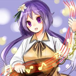 Rule 34 | 1girl, biwa lute, bow, hair bow, instrument, low twintails, lowres, lute (instrument), mayo (mayomr29), open mouth, purple eyes, purple hair, simple background, solo, touhou, tsukumo benben, twintails