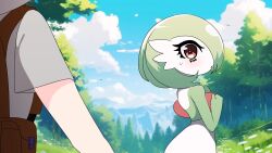 Rule 34 | 1boy, 1girl, backpack, bag, blue sky, blush, bob cut, cloud, colored skin, creatures (company), day, florian (pokemon), forest, from side, game freak, gardevoir, gen 3 pokemon, grapeanime, green hair, green skin, grey shirt, hands up, highres, light blush, looking at another, looking back, mountain, multicolored skin, nature, nintendo, open mouth, outdoors, pokemon, pokemon (creature), pokemon sv, profile, red eyes, shirt, short hair, short sleeves, sky, solo focus, sweat, tree, two-tone skin, white skin