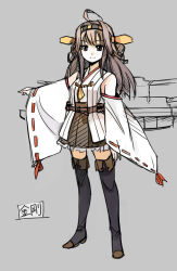 Rule 34 | 10s, 1girl, ahoge, bare shoulders, black eyes, black thighhighs, boots, brown hair, character name, grey background, hair ornament, hairband, kantai collection, kongou (kancolle), long hair, looking at viewer, nontraditional miko, ribbon trim, seo tatsuya, simple background, skirt, smile, solo, thigh boots, thighhighs, translated, zettai ryouiki