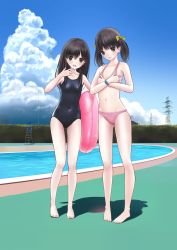 Rule 34 | 2girls, absurdres, bad id, bad pixiv id, barefoot, bikini, black eyes, black hair, bow, chikuwa (glossymmmk), chikuwa (odennabe), cloud, covered navel, covering chest, covering privates, day, hair bow, highres, innertube, long hair, multiple girls, navel, one-piece swimsuit, open mouth, original, outdoors, pigeon-toed, pink bikini, pool, poolside, power lines, revision, school swimsuit, shadow, sky, swim ring, swimsuit, twintails, water