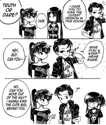 Rule 34 | 1boy, 3girls, 3koma, bare shoulders, choker, clothes writing, comic, commentary, earrings, emo-girl (grs-), emo fashion, english commentary, english text, goth-girl (grs-), goth fashion, gothabilly-girl (grs-), gothabilly guy (grs-), greyscale, grs-, heart, highres, jacket, jewelry, long hair, monochrome, multiple girls, necklace, no mouth, open clothes, open jacket, original, ponytail, shirt, skull print, sleeves pushed up, speech bubble, t-shirt, yuri