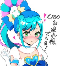 Rule 34 | 1girl, :o, blue bow, blue hair, blush, bow, brooch, clothing cutout, collar, comiket 100, commentary request, cure spicy, delicious party precure, detached collar, frown, fuwa kokone, gloves, green eyes, hair bow, heart, heart brooch, highres, jewelry, kaatsu katsurou, long hair, looking at viewer, magical girl, open mouth, partial commentary, pink hair, precure, puffy short sleeves, puffy sleeves, rope, short sleeves, shoulder cutout, side ponytail, simple background, solo, sweatdrop, translated, white background, white collar, white gloves