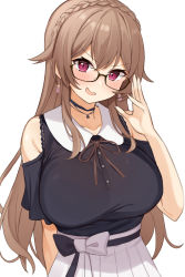 Rule 34 | 1girl, absurdres, bespectacled, black-framed eyewear, blush, breasts, brown hair, choco tanuki, choker, collarbone, earrings, furen e lustario, glasses, highres, jewelry, large breasts, long hair, looking at viewer, necklace, nijisanji, open mouth, pink eyes, skirt, smile, solo, star (symbol), star necklace, upper body, virtual youtuber, white skirt