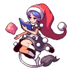 Rule 34 | 1girl, ankleband, bad id, bad pixiv id, bare arms, black dress, blue eyes, blue hair, book, closed mouth, doremy sweet, dream soul, dress, eyebrows, facing away, full body, hat, holding, holding book, ichi et, jitome, kneehighs, legs apart, lowres, multicolored clothes, multicolored dress, nightcap, open book, parted bangs, pixel art, red hat, short hair, short sleeves, socks, solo, tail, tapir tail, touhou, transparent background, two-tone dress, white dress, white socks