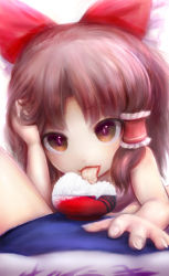 Rule 34 | 2girls, benikurage (cookie), blush, bow, bowl, brown eyes, brown hair, clothing aside, commentary request, cookie (touhou), eating, female pov, frilled hair tubes, frills, hair bow, hair tubes, hakurei reimu, hand in own hair, highres, khn (kihana), looking at viewer, medium hair, miramikaru riran, multiple girls, one-piece swimsuit, open mouth, parted bangs, pov, red bow, rice, rice bowl, solo focus, swimsuit, swimsuit aside, tongue, tongue out, touhou, upper body