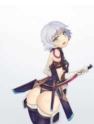 Rule 34 | 1girl, ass, bandages, bare shoulders, blade, blue eyes, breasts, dual wielding, fate/apocrypha, fate/grand order, fate (series), gradient background, green eyes, highres, holding, jack the ripper (fate/apocrypha), looking at viewer, nana (chenning717), open mouth, pink background, scar, short hair, silver hair, small breasts, solo, sweatdrop, thighs, thong, white background