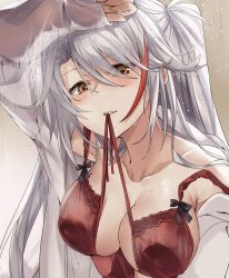 Rule 34 | 1girl, against fourth wall, against glass, antenna hair, arm up, azur lane, blush, bra, breasts, brown eyes, cleavage, collarbone, condensation, eyes visible through hair, hair between eyes, hair ribbon, ks (xephyrks), large breasts, lingerie, long hair, looking at viewer, mole, mole on breast, mouth hold, multicolored hair, off shoulder, open bra, open clothes, open shirt, prinz eugen (azur lane), red bra, red hair, ribbon, shirt, sidelocks, silver hair, smile, solo, streaked hair, two side up, underwear, upper body, very long hair, wet, white shirt