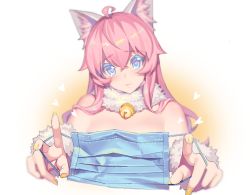 Rule 34 | 1girl, :3, ahoge, animal ear fluff, animal ears, bare shoulders, bell, blue eyes, cat ears, commentary, detached collar, fingernails, fiodo, fur-trimmed collar, fur trim, heart, heart-shaped pupils, holding, holding mask, jingle bell, long fingernails, long hair, looking at viewer, mask, unworn mask, mouth mask, nail polish, neck bell, original, outstretched arms, pink hair, reaching, reaching towards viewer, sidelocks, simple background, smile, solo, symbol-only commentary, symbol-shaped pupils, upper body, white background, wrist cuffs, xiao me, yellow nails