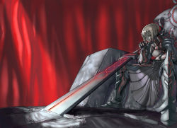 Rule 34 | 1girl, armor, armored dress, artoria pendragon (fate), blonde hair, dress, excalibur morgan (fate), fate/stay night, fate (series), perspective, saber (fate), saber alter, shiri (yam), short hair, sitting, solo, sword, throne, weapon