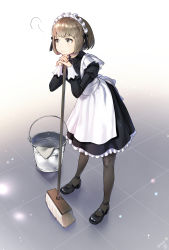 Rule 34 | 1girl, absurdres, apron, black pantyhose, blush, brown eyes, brown hair, bucket, bucket of water, closed mouth, frilled apron, frills, full body, hieung, highres, leaning on object, looking to the side, maid, maid headdress, mary janes, matching hair/eyes, mop, original, own hands together, pantyhose, shoes, short hair, signature, solo, standing, tile floor, tiles