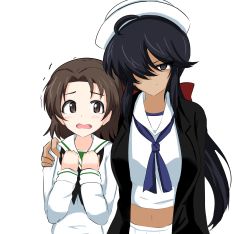 Rule 34 | 2girls, absurdres, aikir (jml5160), arm around shoulder, black coat, black eyes, black hair, blouse, blue neckerchief, bow, coat, commentary, dark-skinned female, dark skin, dixie cup hat, frown, girls und panzer, hair bow, hair over one eye, half-closed eyes, hands on own chest, hat, highres, long hair, long sleeves, looking at viewer, midriff, military hat, multiple girls, navel, neckerchief, ogin (girls und panzer), ooarai naval school uniform, ooarai school uniform, open clothes, open coat, open mouth, pleated skirt, ponytail, red bow, sailor, sailor collar, sawa azusa, scared, school uniform, shirt, side-by-side, skirt, smirk, standing, tearing up, trembling, white headwear, white shirt, white skirt
