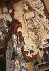 Rule 34 | 1girl, absurdres, anatomy, black necktie, book, closed eyes, cup, drawing (object), globe, gold can, highres, holding, holding cup, lab coat, ladder, long hair, mermaid, monster girl, necktie, note, on ladder, orange hair, original, skeleton, solo