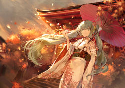 Rule 34 | 1girl, absurdres, aqua hair, autumn leaves, commentary request, cowboy shot, dutch angle, floral print, grey eyes, hair ornament, hand up, hatsune miku, highres, holding, holding umbrella, japanese clothes, kimono, kita (kitairoha), leaf, long hair, long sleeves, looking at viewer, obi, oil-paper umbrella, outdoors, petals, red umbrella, sash, sidelocks, smile, solo, standing, tree, twintails, umbrella, very long hair, vocaloid, white kimono, wide sleeves