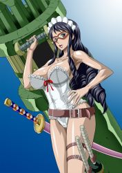 Rule 34 | 1girl, baby 5, belt, black hair, blue eyes, breasts, cleavage, drill hair, goggles, gradient background, hand on own hip, long hair, nel-zel formula, one piece, sword, tagme, thigh strap, weapon