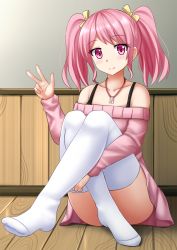 Rule 34 | 1girl, bang dream!, blush, bow, closed mouth, commentary, convenient leg, crossed legs, dress, fingernails, hair bow, hand up, highres, hugging own legs, indoors, kazenokaze, long sleeves, maruyama aya, no shoes, off-shoulder dress, off shoulder, on floor, pink dress, pink eyes, pink hair, sidelocks, sitting, smile, solo, thighhighs, twintails, v, white thighhighs, wooden floor, yellow bow