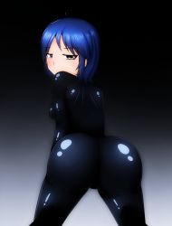 Rule 34 | 10s, 1girl, artist request, ass, black eyes, blue hair, bodysuit, breasts, from behind, gradient background, idolmaster, idolmaster cinderella girls, latex, latex suit, looking at viewer, rubber, rubber suit, shiny clothes, short hair, solo, wakui rumi