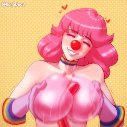 Rule 34 | 1girl, ace attorney, artist name, balloon, bang dacy, breasts, closed eyes, clown, clown nose, covering privates, covering breasts, eyeshadow, geiru toneido, head tilt, heart, makeup, medium hair, motion blur, paizuri, phallic symbol, phoenix wright: ace attorney - dual destinies, pink hair, sexually suggestive, small breasts, smile, solo, speed lines, spoilers, topless, upper body