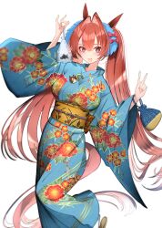 Rule 34 | 1girl, alternate costume, animal ears, bag, bagged fish, blue kimono, breasts, brown hair, daiwa scarlet (umamusume), feet out of frame, fish, floral print, goldfish, hair between eyes, hair intakes, hands up, highres, holding, holding bag, horse ears, horse girl, horse tail, japanese clothes, kimono, kinchaku, long hair, long sleeves, medium breasts, obi, open mouth, pouch, red eyes, sandals, sash, simple background, smile, socks, solo, standing, tail, twintails, umamusume, v, white background, white socks, wide sleeves, yomean!, yukata, zouri