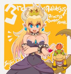 Rule 34 | armlet, black collar, black dress, black leotard, bowser jr., bowsette, bracelet, character name, collar, cup, dress, drinking glass, earrings, english text, fingernails, horns, jewelry, leotard, mario (series), mother and son, new super mario bros. u deluxe, nintendo, outside border, pointy ears, sharp fingernails, sharp teeth, shisui, skirt, spiked armlet, spiked bracelet, spiked collar, spiked tail, spikes, strapless, strapless dress, strapless leotard, super crown, tail, teeth, upper teeth only, yellow background