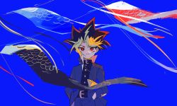 Rule 34 | 1boy, belt, black hair, blonde hair, blue background, bright pupils, buttons, closed mouth, commentary, dyed bangs, hands in pockets, highres, jacket, jewelry, long sleeves, looking at viewer, male focus, millennium puzzle, multicolored hair, muto yugi, necklace, open clothes, open jacket, pants, red eyes, school uniform, smile, solo, spiked hair, ssbaby, symbol-only commentary, white pupils, yu-gi-oh!