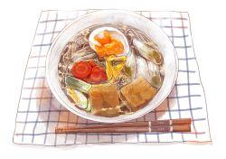 Rule 34 | bowl, carrot, chopsticks, commentary request, daruia (sabitare), egg (food), food, food focus, food request, from above, hardboiled egg, highres, napkin, no humans, noodles, original, ramen, simple background, soup, spring onion, tofu, white background