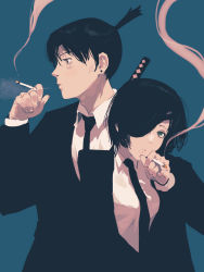 Rule 34 | 1boy, 1girl, black hair, black jacket, black necktie, blue background, chainsaw man, cigarette, collared shirt, earrings, eyepatch, formal, hayakawa aki, height difference, highres, himeno (chainsaw man), holding, holding cigarette, jacket, jewelry, looking at viewer, looking to the side, necktie, raneblu, shirt, short hair, simple background, smoke, smoking, stud earrings, suit, suit jacket, topknot, white shirt