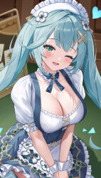 Rule 34 | 1girl, alternate breast size, anemo symbol (genshin impact), apron, aqua hair, aqua pupils, blue dress, blue ribbon, breasts, cleavage, collar, detached collar, dress, faruzan (cafe) (genshin impact), faruzan (genshin impact), frilled apron, frilled collar, frills, genshin impact, green eyes, hand up, highres, long hair, looking at viewer, lunacle, maid, maid apron, maid headdress, medium breasts, neck ribbon, official alternate costume, one eye closed, open mouth, ribbon, short sleeves, sidelocks, smile, solo, symbol-shaped pupils, triangle-shaped pupils, twintails, white apron, white collar