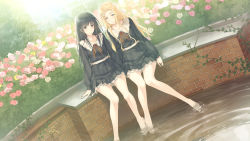 Rule 34 | 2girls, arms at sides, bare legs, barefoot, black dress, black hair, blonde hair, blush, brick, bush, dress, dutch angle, faucet, feet, flower, flowers (innocent grey), game cg, garden, hair flower, hair ornament, hairclip, ivy, knees together feet apart, komikado nerine, long hair, long sleeves, matching outfits, multiple girls, neck ribbon, official art, official wallpaper, outdoors, parted lips, pink flower, pink rose, plant, pleated dress, pond, puffy long sleeves, puffy sleeves, ribbon, rose, school uniform, shirahane suou, short dress, shy, side-by-side, sitting, smile, soaking feet, sugina miki, sunlight, vines, wallpaper, water, window, yellow flower, yellow rose