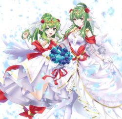 Rule 34 | 2girls, bare shoulders, bouquet, bridal veil, closed mouth, commentary request, detached sleeves, dress, fire emblem, fire emblem: mystery of the emblem, fire emblem awakening, fire emblem heroes, flower, gloves, green eyes, green hair, hair between eyes, hair flower, hair ornament, highres, holding, holding bouquet, jewelry, kakiko210, long hair, looking at viewer, multiple girls, nintendo, official alternate costume, open mouth, petals, pointy ears, ponytail, red flower, red rose, rose, smile, tiki (adult) (bridal) (fire emblem), tiki (adult) (fire emblem), tiki (fire emblem), tiki (young) (bridal) (fire emblem), tiki (young) (fire emblem), veil, wedding dress, white background, white dress, white gloves, white sleeves