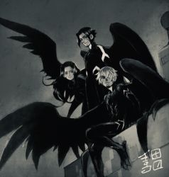 Rule 34 | 1girl, 2boys, bird wings, birdmen, closed mouth, frown, greyscale, hair over one eye, highres, long hair, monochrome, multiple boys, outdoors, rooftop, signature, sitting, sky, smile, standing, talons, turtleneck, wings, yellowbirdlab