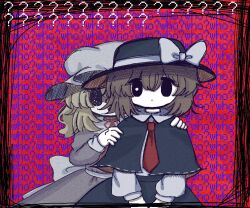 Rule 34 | 2girls, ?, black border, black capelet, black eyes, black hat, black skirt, blonde hair, border, bow, brown hair, capelet, closed mouth, dress, english text, grey dress, hat, hat bow, hat ribbon, hiding, hiding behind another, long sleeves, looking at viewer, maribel hearn, multiple girls, necktie, red background, red necktie, ribbon, shirt, skirt, sleepwalk zzz, standing, text background, touhou, upper body, usami renko, white bow, white mob cap, white ribbon, white shirt