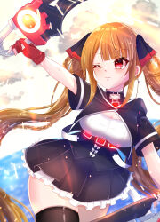Rule 34 | 1girl, absurdres, anjou seira, assault lily, belt, black belt, black ribbon, black skirt, black thighhighs, blunt bangs, blurry, blurry background, blush, bow, braid, braided hair rings, breasts, brown hair, chest belt, cleavage, closed mouth, cloud, commentary request, cowboy shot, cropped jacket, day, earrings, frilled skirt, frills, gloves, hair ribbon, hand up, highres, holding, holding sword, holding weapon, hood, hood down, imai seira, jewelry, light particles, long hair, looking ahead, medium breasts, miniskirt, ocean, one eye closed, outdoors, outstretched arm, partially fingerless gloves, pleated skirt, red eyes, red gloves, ribbon, school uniform, shirt, short sleeves, sidelocks, skirt, solo, standing, sweatdrop, sword, thighhighs, twin braids, twintails, two-tone ribbon, underbust, v-shaped eyebrows, very long hair, weapon, white bow, white shirt, yurigaoka girls academy school uniform
