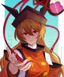 Rule 34 | 1girl, arong, artist name, black hat, blonde hair, blue background, border, breasts, brown hat, cape, closed mouth, detached sleeves, drum, gradient background, hair between eyes, hand up, hat, instrument, long hair, long sleeves, looking at viewer, matara okina, medium breasts, orange cape, orange sleeves, red eyes, shirt, simple background, smile, solo, sun symbol, tabard, touhou, tsuzumi, white border, white shirt