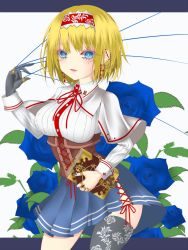Rule 34 | 1girl, alice margatroid, black thighhighs, blonde hair, blue eyes, blue flower, blue rose, blue skirt, breasts, capelet, dai zu san, earrings, flower, hairband, highres, holding, jewelry, large breasts, long sleeves, looking at viewer, medium breasts, red flower, red rose, ribbon, rose, short hair, skirt, solo, tail, thighhighs, touhou, zettai ryouiki