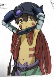 Rule 34 | 1boy, :o, armpits, brown hair, cape, collar, facial mark, hair between eyes, hands on headwear, highres, looking at viewer, made in abyss, male focus, mechanical arms, mi (pic52pic), navel, pants, parted lips, red cape, regu (made in abyss), single mechanical arm, solo, standing, upper body, yellow eyes