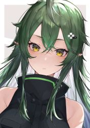 Rule 34 | 1girl, absurdres, ahoge, arknights, bare shoulders, black shirt, border, closed mouth, commentary, crossed bangs, dutch angle, gavial (arknights), gradient background, green hair, grey background, hair between eyes, hair ornament, high collar, highres, huge filesize, kabi (zcwd8845), long hair, looking at viewer, outside border, pointy ears, shirt, sidelocks, sleeveless, sleeveless shirt, solo, upper body, white border, yellow eyes