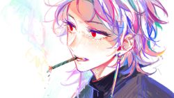 Rule 34 | 1boy, black sweater, cigarette, colored smoke, commentary, crying, crying with eyes open, earrings, highres, hsh7955, jewelry, male focus, portrait, purple hair, red eyes, saibou shinkyoku, short hair, smoke, smoking, solo, sweater, symbol-only commentary, tears, theodore riddle, turtleneck, turtleneck sweater, upper body