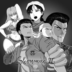 Rule 34 | 2girls, 3boys, absurdres, angry, arm above head, bandage on face, bandages, bandana, belt, breasts, chinese clothes, clenched hands, collared jacket, denim, denim shorts, fighting, game console, greyscale, hair slicked back, hand on own hip, hat, hazuki ryou, highres, jacket, joy (shenmue), kansu-kansu, lan di, large breasts, ling shen hua, logo, long hair, midriff, monochrome, multiple boys, multiple girls, open mouth, patch, ren wu ying, scarf, sega, sega dreamcast, shenmue, shenmue ii, shirt, shorts, shoulder patch, simple background, t-shirt, thighs, very long hair, white bandana