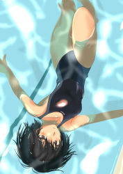 Rule 34 | 1girl, afloat, amagami, black hair, brown eyes, caustics, floating, from above, murasaki iro, nanasaki ai, one-piece swimsuit, short hair, solo, swimming, swimsuit, upside-down, water