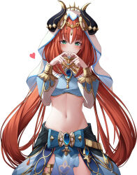 Rule 34 | 1girl, absurdres, blush, breasts, brooch, circlet, commentary, crop top, fake horns, genshin impact, harem outfit, highres, horns, jewelry, long hair, long sleeves, looking at viewer, medium breasts, navel, nilou (genshin impact), red hair, skirt, smile, solo, stomach, twintails, veil, zangi (lkt2012)