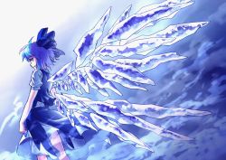 Rule 34 | 1girl, blew andwhite, blue eyes, blue hair, blue skirt, bow, cirno, dress shirt, fairy, from behind, hair bow, ice, ice wings, looking back, matching hair/eyes, print skirt, shirt, short hair, skirt, smile, solo, tahoo, touhou, wings