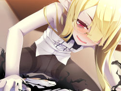 Rule 34 | 1boy, 1girl, :d, airi (ogami kazuki), bags under eyes, black bow, black bowtie, black pantyhose, blonde hair, blouse, blush, bow, bow panties, bowtie, breasts, bulge, commentary request, darkness, fangs, from below, glasses, hair over one eye, hand on another&#039;s chest, highres, indoors, jitome, long hair, looking at viewer, nose blush, ogami kazuki, open mouth, original, pale skin, panties, pantyhose, pov, red eyes, rimless eyewear, see-through, see-through legwear, shirt, sidelocks, skinny, sleeveless, sleeveless shirt, slit pupils, small breasts, smile, solo focus, sweatdrop, tears, torn clothes, torn legwear, underwear, vampire, white bow, white panties