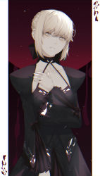 Rule 34 | artoria pendragon (all), artoria pendragon (fate), bad id, bad pixiv id, black bow, black dress, border, bow, collarbone, dress, fate/stay night, fate (series), fov ps, grey eyes, hair between eyes, hair bow, long sleeves, parted lips, pillarboxed, saber alter, short hair, shrug (clothing), silver hair, solo, white border