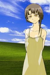 Rule 34 | 1girl, arms behind back, bare arms, bare shoulders, bliss (image), brown eyes, brown hair, cloud, cowboy shot, facing viewer, flower, grass, hair ornament, highres, iwakura lain, looking at viewer, meadow, outdoors, pale skin, pantsu-ripper, serial experiments lain, single sidelock, sky, solo, standing, windows xp, x hair ornament